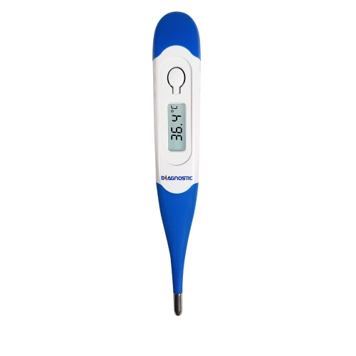 Termometr-elektroniczny-Diagnostic-z-niebieska-koncowka-i-bialo-niebieska-obudowa.-Wyposazony-w-cyfrowy-wyswietlacz-LCD-pokazujacy-temperature-36,4C.-Posiada-jeden-okragly-przycisk-nad-ekranem..jpg