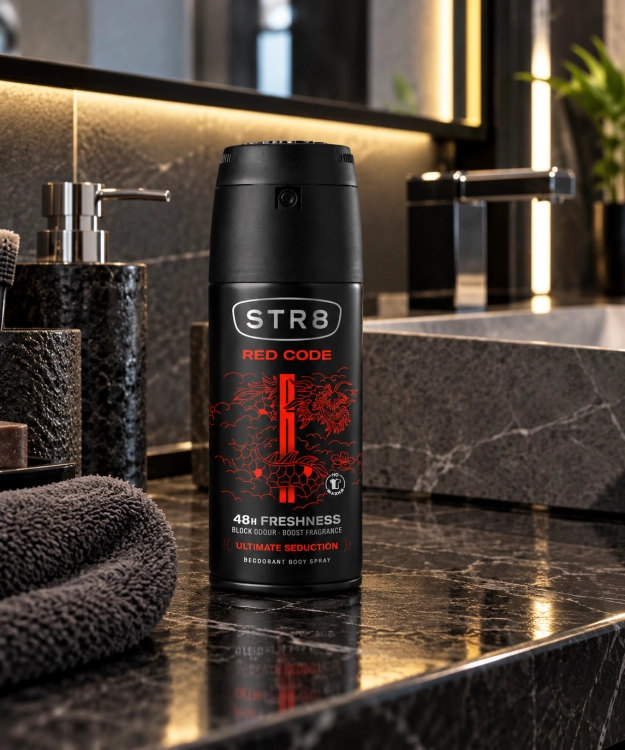 Perfumowany spray STR8 Red Code w luksusowej łazience.png