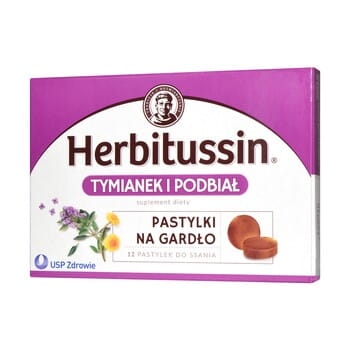 Herbitussin Tymianek i Podbiał, pastylki do ssania, 12 szt..jpg