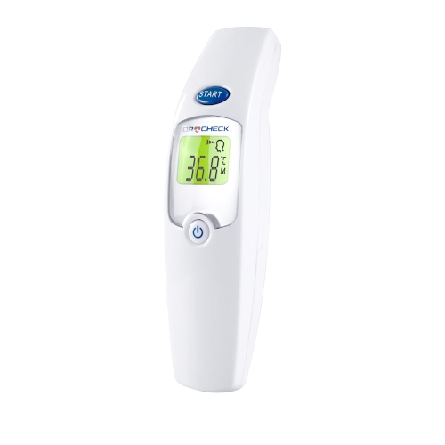 Bialy-bezdotykowy-termometr-Dr-Check-z-podswietlanym-na-zielono-ekranem-LCD.-Wyswietla-temperature-36%2C8C.-Posiada-niebieski-przycisk-%E2%80%9ESTART-u-gory-i-okragly-przycisk-zasilania-ponizej-wyswietlacza..jpg