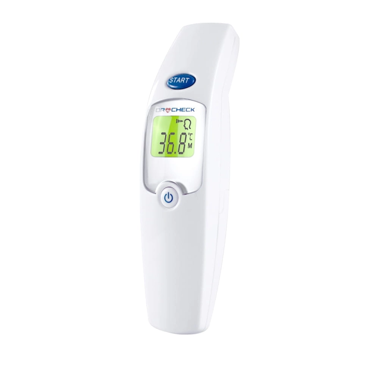 Bialy-bezdotykowy-termometr-Dr-Check-z-podswietlanym-na-zielono-ekranem-LCD.-Wyswietla-temperature-36%2C8C.-Posiada-niebieski-przycisk-%E2%80%9ESTART-u-gory-i-okragly-przycisk-zasilania-ponizej-wyswietlacza..jpg